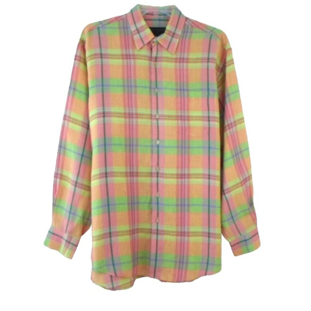Scott Barber 100% Linen Multicolor Plaid Long Sleeve Button Up Shirt